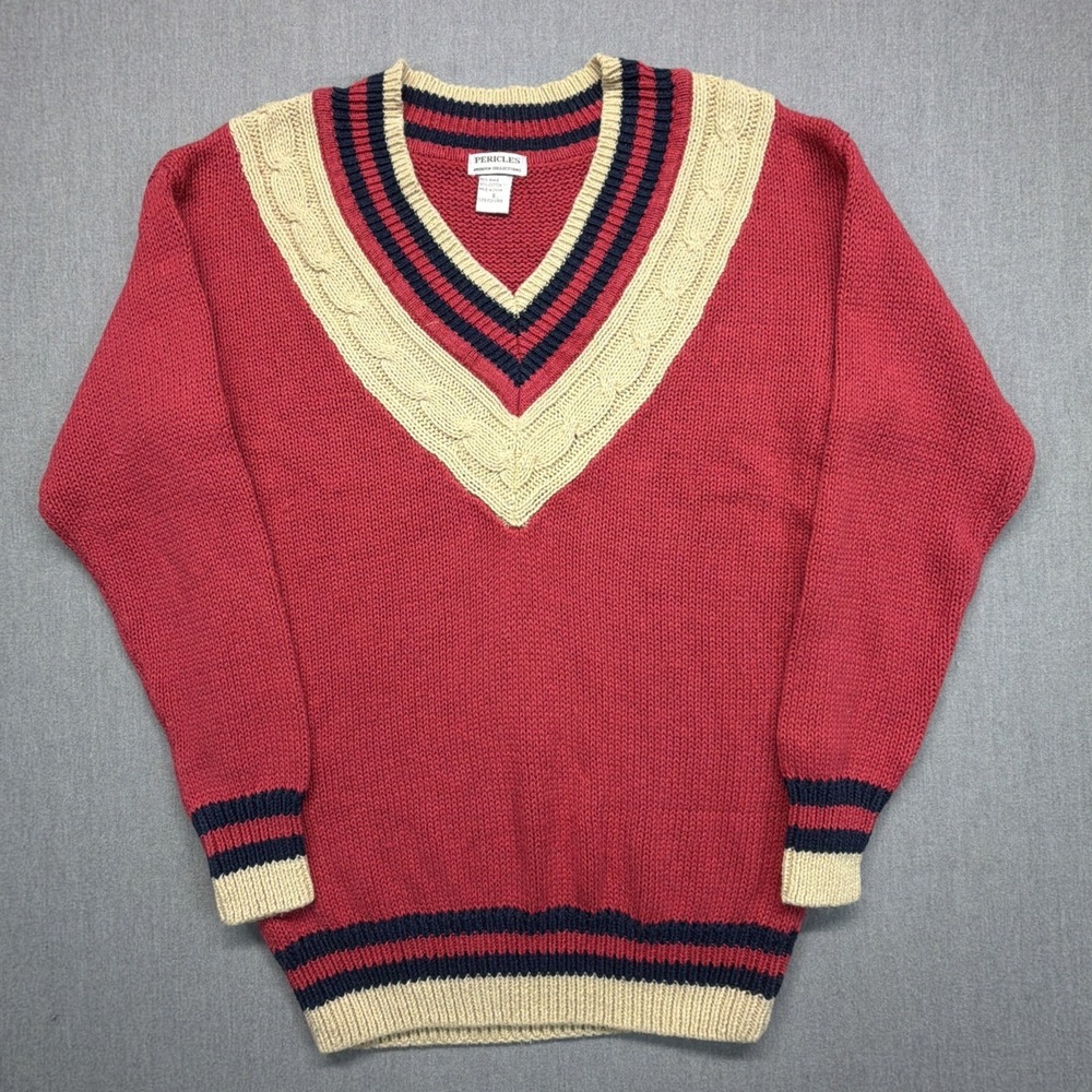 Vintage Tennis Sweater Small Pink V Neck Preppy Varsity Cotton 90s